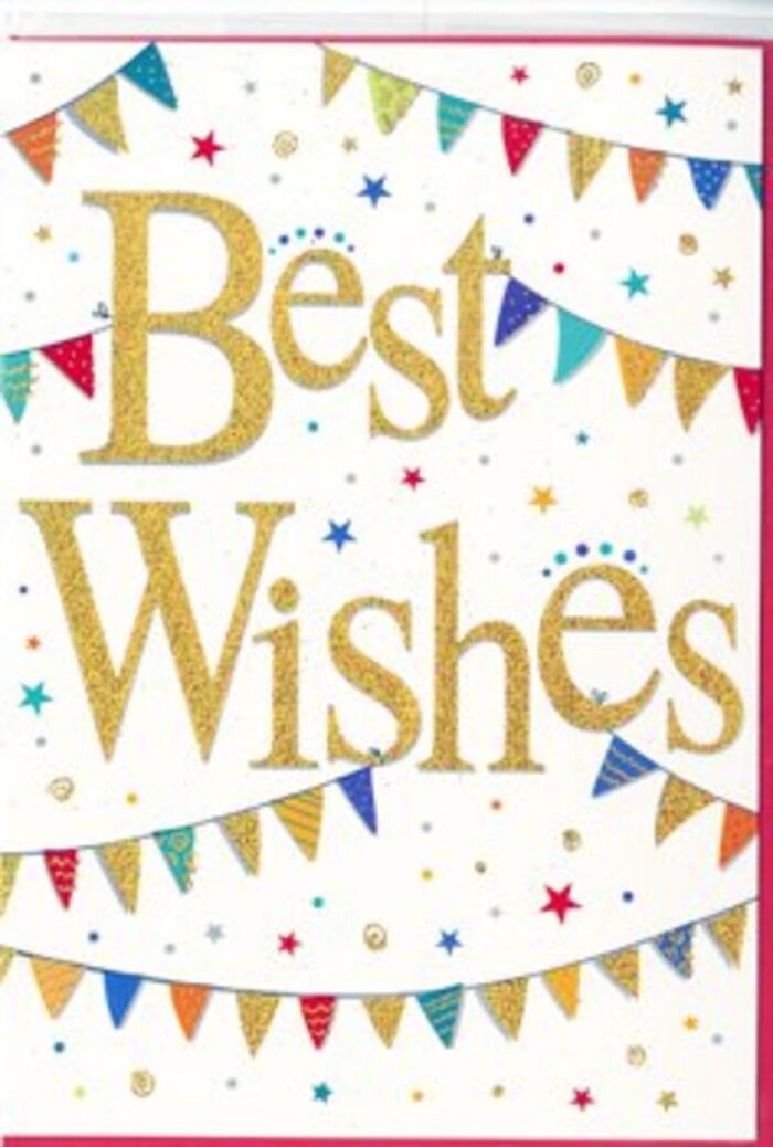 In this scene, a Best Wishes card rests like a little piece of Perivale sunshine on a pristine white backdrop. The central phrase, Best Wishes, is written in exuberant gold script, the strokes broad and looping, reminiscent of hand-lettered calligraphy on a special celebration banner. The gold surface appears subtly textured, glinting as though fine glitter has been pressed into the ink, catching the light the way dew sparkles on the grass around Horsenden Hill on a bright morning. Around this heartfelt message, strings of bunting arc gracefully across the top and bottom of the card. Each tiny triangular pennant is rich with colour and character: sapphire blue, ruby red, lemon yellow, leafy green, and berry pink flags, many adorned with stripes, dots, or miniature tiled designs, all rendered neatly against the clean white surface. The bunting evokes the feel of garden parties and family gatherings, like those tucked away in quiet back gardens off Bilton Road. Scattered between the curves of these banners are small stars and confetti-like dots, sprinkled loosely rather than in strict lines, creating an impression of joyful spontaneity-like the moment confetti hangs briefly in the air before drifting down. The white background remains prominent, giving breathing space around every decorative element and ensuring the central golden words stay clear and easy to read. The overall tone is one of upbeat elegance: festive without being loud, playful yet still refined. It is an ideal congratulations card for milestones such as new jobs, exam results, or housewarmings across Perivale, especially when tucked beside a bouquet of fresh flowers delivered locally. The design quietly radiates support, optimism, and the kind of shared happiness that brings the whole community into your celebration.