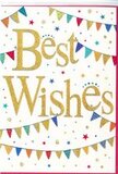 This Best Wishes card radiates an inviting, celebratory charm that feels perfectly at home in Perivale's friendly neighbourhoods. At the heart of the card, the words Best Wishes curve confidently in luminous golden script, the letters thick and fluid, as if painted with a brush loaded with sparkling metallic ink. The glitter-embossed finish suggests a slight grain under the fingertips, and the gold hue glows warmly against the clean white background, giving the phrase a sense of importance and affection. Arched across the upper portion and again near the lower edge, strings of bunting sweep in soft curves, echoing the kind of decorations you might see stretched across gardens and balconies along Bilton Road during a summer get-together. Each small triangular flag sings with colour-vivid blue, spirited red, sunny yellow, bright green, and cheerful pink-and many bear tiny patterns, from simple stripes to dainty polka dots and geometric repeats, all neatly outlined. Floating between and around these garlands are little stars and confetti dots in complementary shades, scattered as though caught in mid-air during a moment of celebration. Despite the abundance of lively detail, generous white space keeps the overall composition airy and uncluttered, ensuring the golden message remains the main focus. The card's mood is warm, upbeat, and versatile, suited to congratulating someone on a promotion in a nearby office, sending good wishes for exams, or cheering on a new chapter such as a move into a first home in Perivale. When slipped into a bouquet arranged for local delivery, the design adds a visual echo of festivity, turning a simple message of congratulations into a keepsake of shared joy and encouragement.